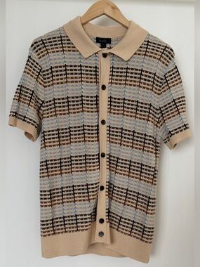 Truth Beige Plaid Short-Sleeve Cardigan with Blue & Brown Accents